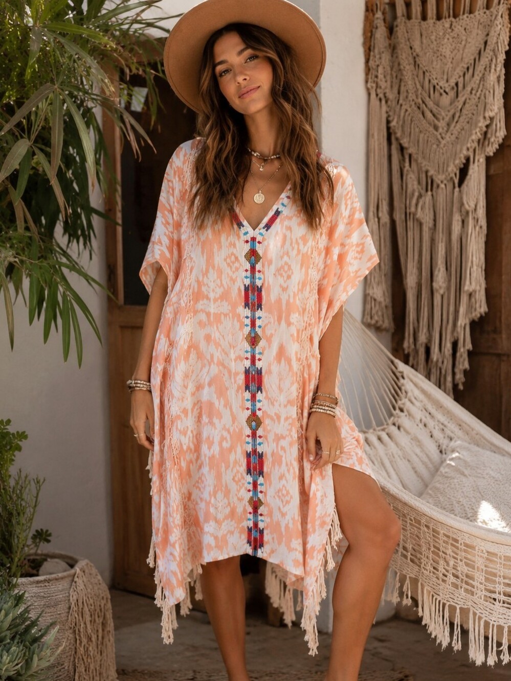 Sundance Peach and White Ikat Kaftan Dress Coverup with Beading Fringe Cotton